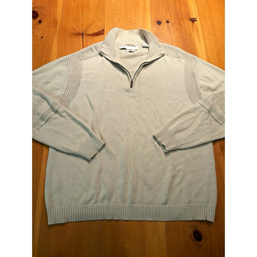 Perry Ellis Men's L 100% Pima Cotton 1/4 Zip Sweater Pullover Tan Knit